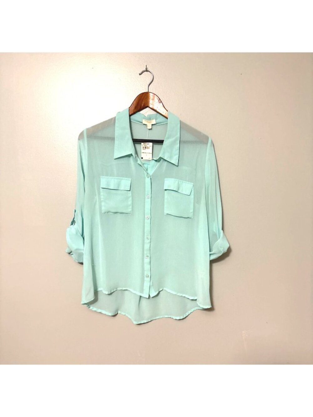 Y2K Light‎ Aqua Sheer Button-Up Blouse Pockets & Roll-Up Sleeves By Pearl Size L